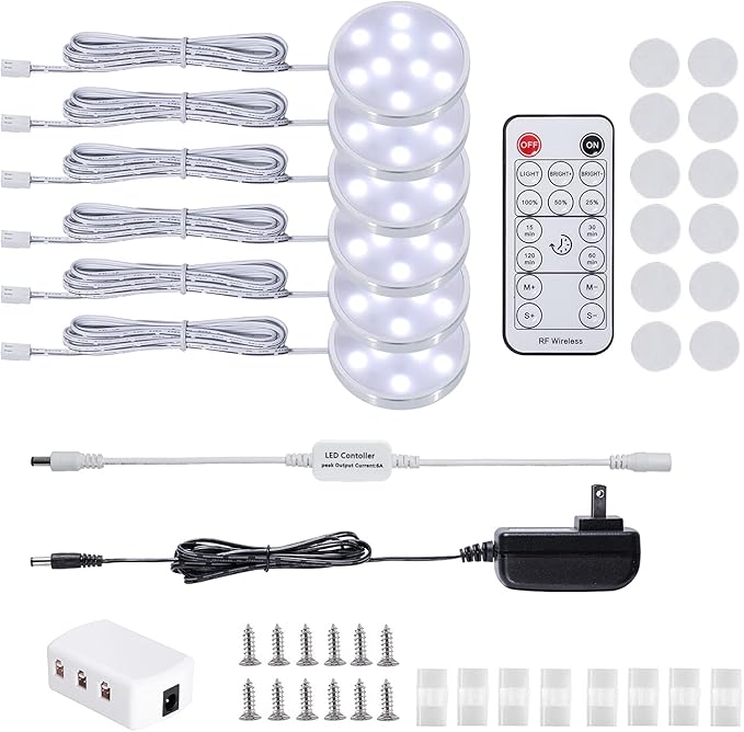LED Dimmable Under Cabinet Lighting Kit,12V 6 Pack Wired Puck Lights with Remote Control, Plug in Under Counter Lighting Fixtures for Kitchen,Bookcase,Showcase,Shelf (Day White)