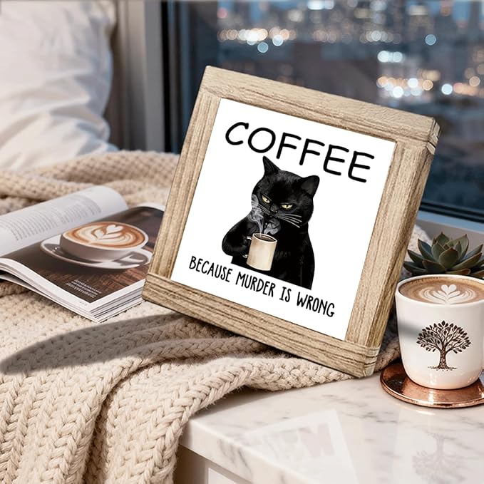 Funny Wood Coffee Sign Coffee Because Murder Is Wrong Humorous Coffees Sign Wall Art For Kitchen Office Bar Rustic Square Cafe Decor Plaque Coffees Themed Wall Decoration 5.9x5.9 Inch