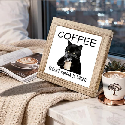 Funny Wood Coffee Sign Coffee Because Murder Is Wrong Humorous Coffees Sign Wall Art For Kitchen Office Bar Rustic Square Cafe Decor Plaque Coffees Themed Wall Decoration 5.9x5.9 Inch