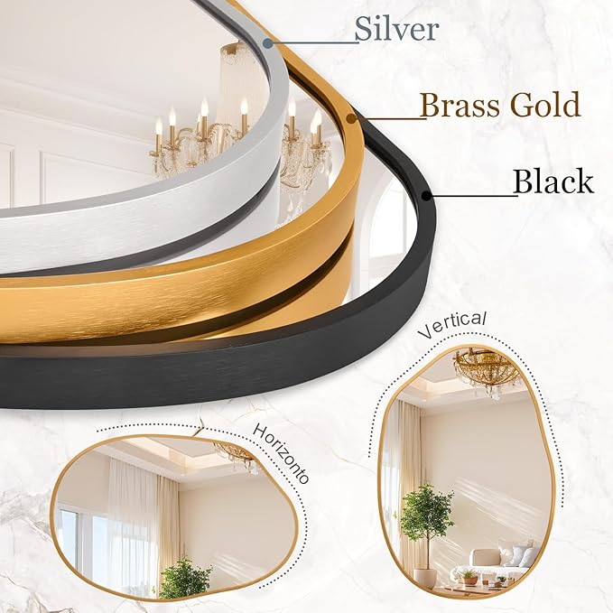 Gold Irregular Metal Framed Bathroom Mirror for Wall, Large 26