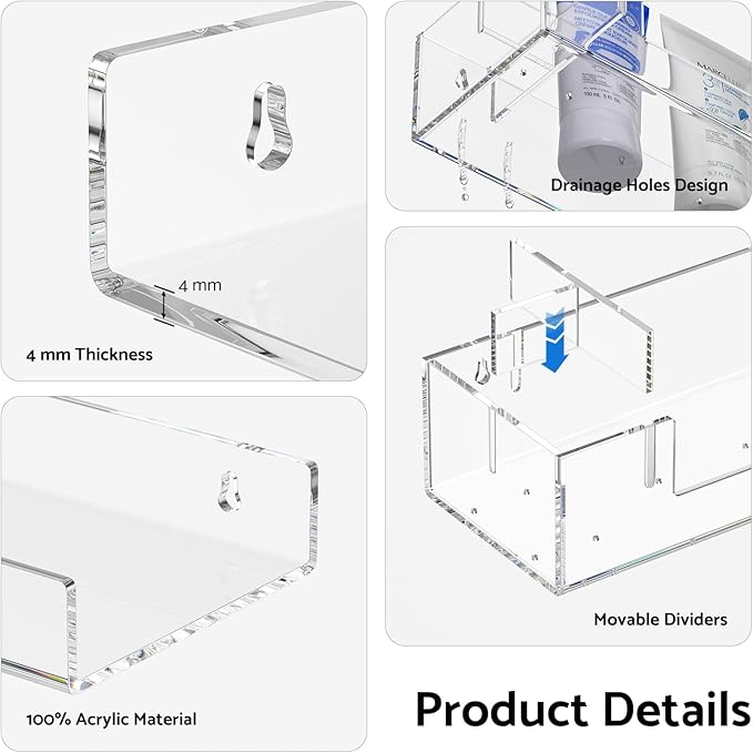 HIIMIEI Bathroom Shelves Wall Mounted: Clear Floating Shelf with Hand Towel Bar, 14.9in Acrylic Hanging Shelves Over Toilet, Set of 3 Bathroom Organizers Rack for Skin Care, Perfume, Lotion, Storage