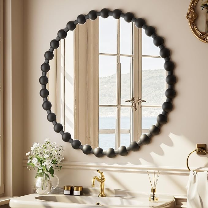 Round Mirror for Wall, 28 Inch Black Beaded Frame Decorative Vanity Mirror, Circle Bathroom Mirror with High-Definition Lense, Modern Wall Decor for Bathroom, Living Room, Bedroom, Entryway