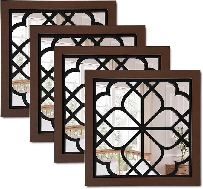 ZEXUIRU Set of 4 Wooden Rustic Square Wall Mirror Vintage Style Decorative Entry Mirror Farmhouse Wall Decoration for Living Room Bedroom Bathroom Kitchen 11.8 * 11.8inch Walnut…