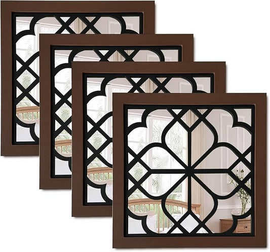 ZEXUIRU Set of 4 Wooden Rustic Square Wall Mirror Vintage Style Decorative Entry Mirror Farmhouse Wall Decoration for Living Room Bedroom Bathroom Kitchen 11.8 * 11.8inch Walnut…