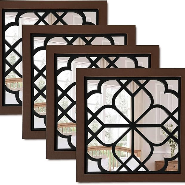ZEXUIRU Set of 4 Wooden Rustic Square Wall Mirror Vintage Style Decorative Entry Mirror Farmhouse Wall Decoration for Living Room Bedroom Bathroom Kitchen 11.8 * 11.8inch Walnut…