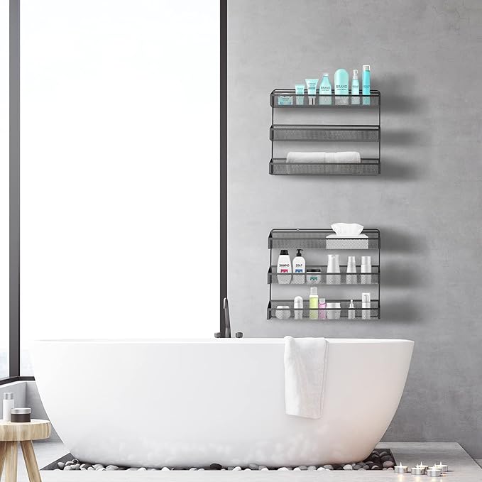 AULEDIO 2 Pack Spice Rack Organizer, 3 Tier Counter-top Stand or Wall Mounted Storage Rack Hanging Shelf for Kitchen Cabinet, Cupboard, Pantry Door Bathroom Shower Cosmetic (Black)