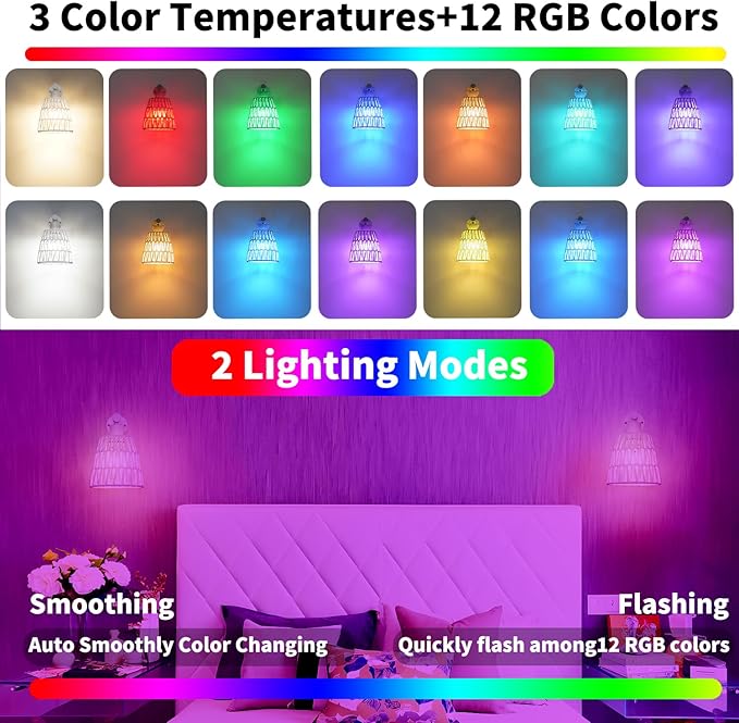 White Battery Operated Wall Sconce Set of 2, Boho Rattan Rechargeable Wall Lights with Dimmable Bulbs and Remote,15 Colors Wireless Wall Lamps for Bedroom Living Room Hallway Decor