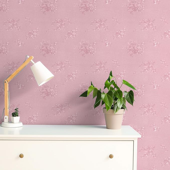 CHIHUT 12"x472" Pink Peel and Stick Wallpaper Floral Contact Paper for Cabinets Self Adhesive Removable Embossed Flower Wallpaper Textured Decorative Vinyl Wall Paper Roll for Bedroom Living Room