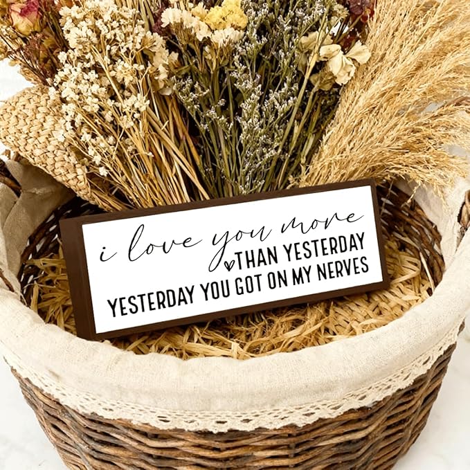 I Love You More Than Yesterday Sign, Love Wood Sign, Framed Wooden Block Signs, Farmhouse Home Decor for Shelves Counter, Romantic Bedroom Decoration, Gift for Husband Wife Boyfriend Girlfriend