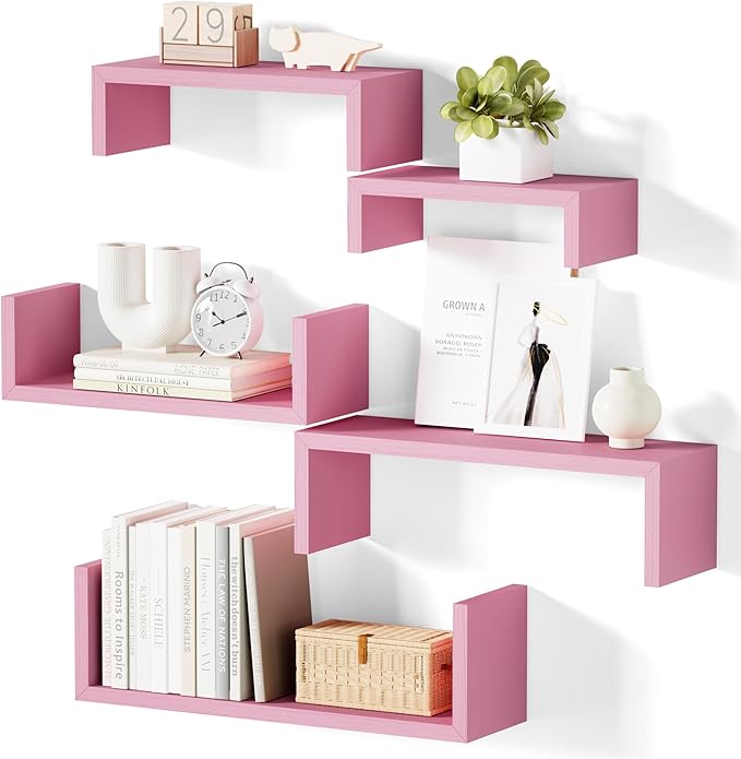 SRIWATANA Floating Shelves, Wall Shelves for Bathroom, Bedroom, Living Room, Kitchen, Office, Wood Shelves for Wall Decor Set of 5 (Pink)