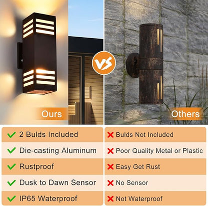 Housen Solutions LED Dusk to Dawn Outdoor Lighting 2 Pack, Up Down Outdoor Wall Lights with Bulbs, IP65 Waterproof Sensor Exterior Light Fixture Wall Sconce for Porch, Bronze