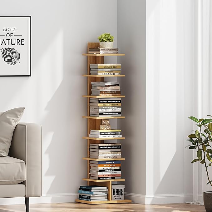 TUTOTAK Narrow Bookshelf, 8-Tier Bookcase, Spine Book Shelf for Small Space, Corner Standing Shelf for Living Room, Office, Study, Entryway, Natural BS06BN008