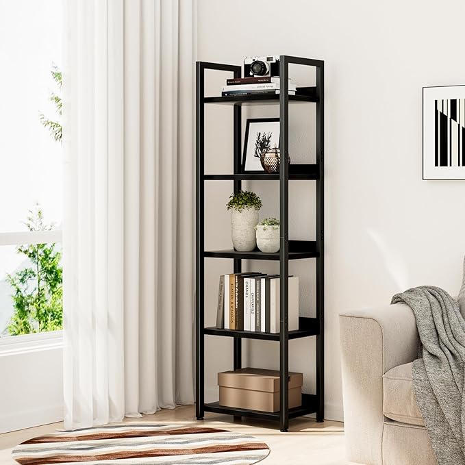 NUMENN Narrow Bookshelf, 5 Tier Bookshelves, Home Office Bookcase Shelf Storage Organizer, Free Standing Storage Shelving Unit for Bedroom, Living Room and Home Office, Black