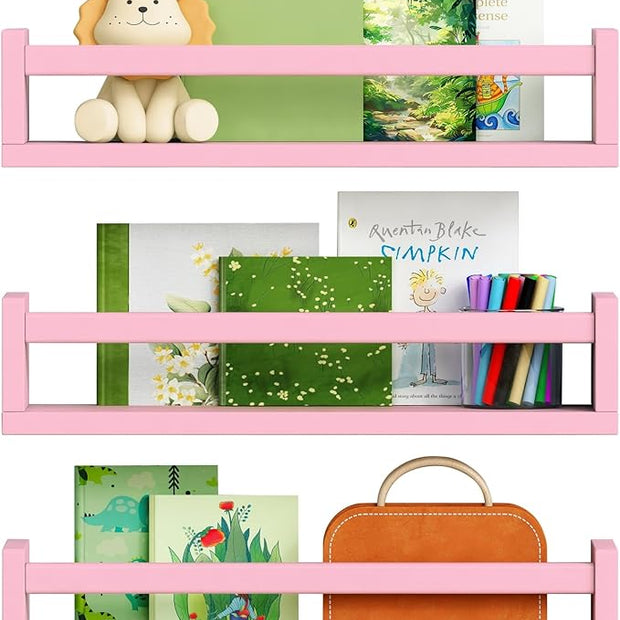 Pink Nursery Floating Shelves for Wall Set of 3, Baby Girls Room Wall Book Shelves for Kids Bedroom, Corner Bookshelf for Toddler Children Bathroom Decor and Toys Organizers and Storage