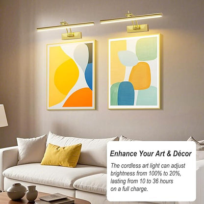 2 Pack Picture Light Battery Operated for Wall, 16" Wireless Art Lighting for Painting, 6 Colors Picture Frame Lights with Remote, Dimmable 5200mAh Gallery Light, Gold