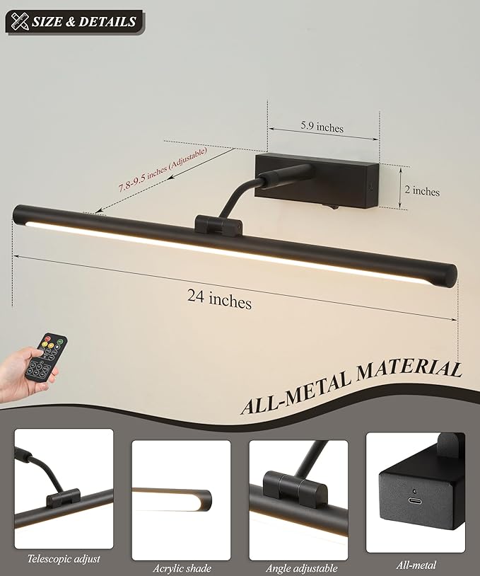 Picture Lights for Wall Battery Operated,24 Inch Black Wireless Rechargeable Art Lights for Pictures,3CCT Dimmable Retractable Painting Light with Remote & Timer,Glare-Free for Gallery Light