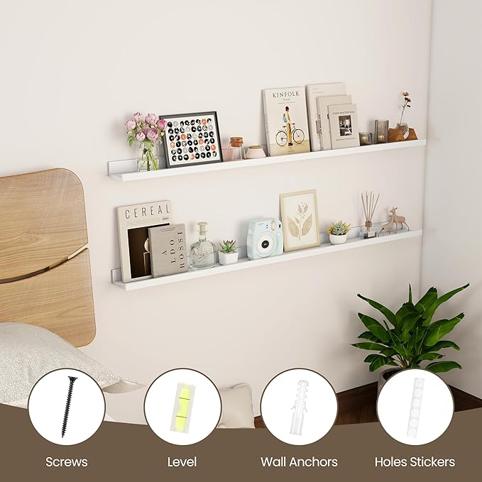 Axeman 48 Inch Floating Shelves | Picture Ledge Shelf Set of 2 | White Wall Shelves with Lip | White Picture Shelf for Wall with Ledge | Photo Ledges 48 Inch