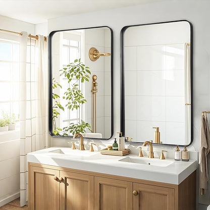 Blck Bathroom Mirror for Over Sink - 20x40 Inch Metal Framed Round Corner Bathroom Mirror for Wall, Matte Large Vanity Mirror for Restroom, Entryway, Hanging Vertically or Horizontally