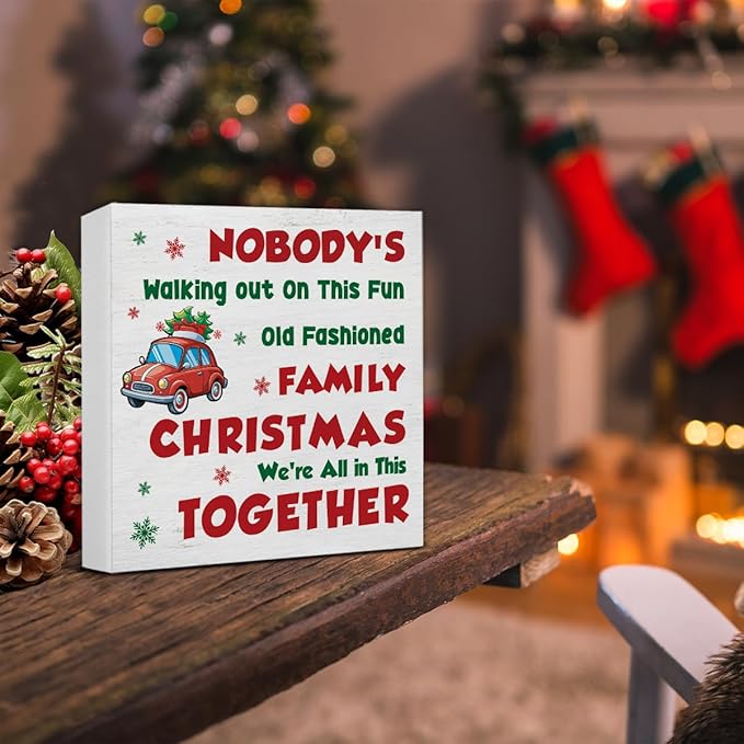 Funny Christmas Vacation Sign Decor, Christmas Decorations Indoor, Winter Holiday Wooden Sign Rustic Home Shelf Desk Decor 5 x 5 Inches