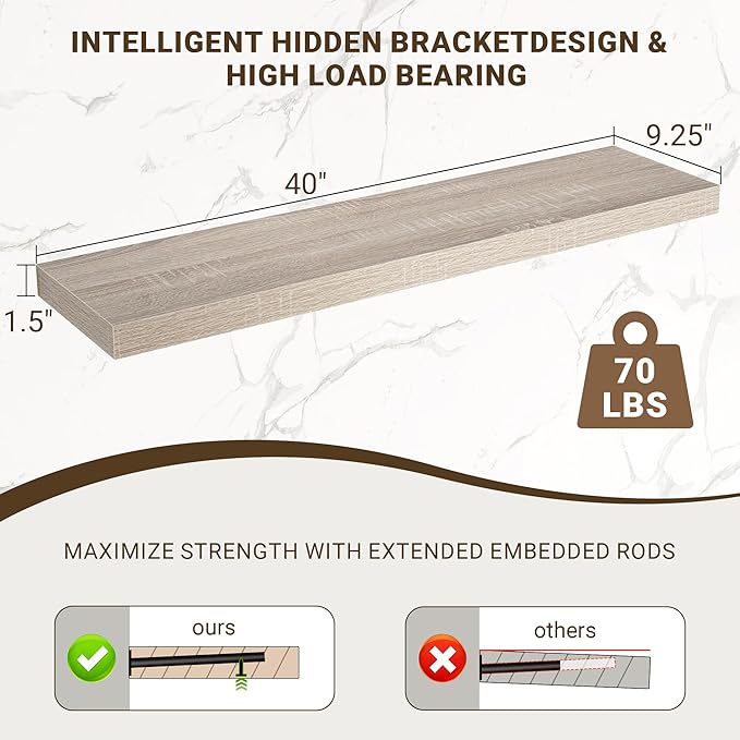40 Inch Floating Shelves, 3D Textured Wood Grain, 40