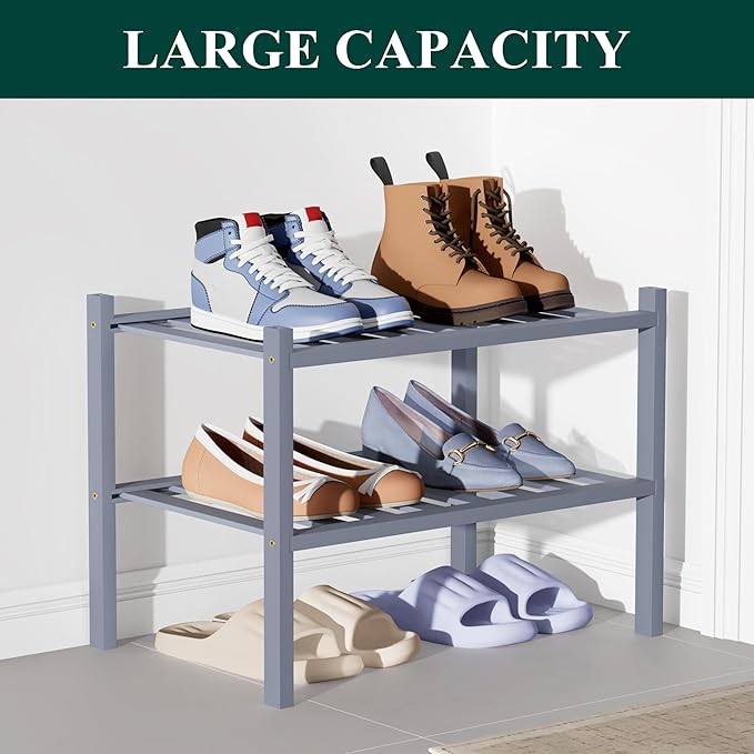 Smiry Bamboo Shoe Rack for Closet, 2 Tier Small Wooden Stackable Shoe Organizer, Free Standing Shoes Storage Shelf for Entryway, Front Door Entrance, Grey