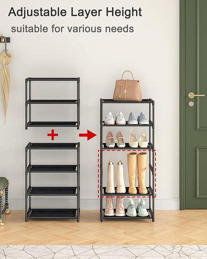 4 Tiers Small Shoe Rack,Narrow Stackable Shoe Shelf Organizer,Sturdy Shoe Stand, Non-Woven Fabric Metal Shoe Racks for Entryway, Doorway and Bedroom Closet