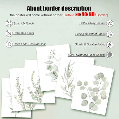 Botanical Plant Wall Art Boho Decor Prints Light Green Eucalyptus Leaf Picture Canvas Wall Art Minimalist Floral Wall Decor for Bedroom Living Room Bathroom Kitchen (Set of 6, 12x16 inch, Unframed)