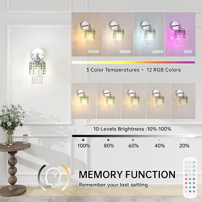 Set of 2 Crystal Battery Operated Wall Sconce,Rechargeable Wall Lamp with 5400mAh Battery & Remote Control, Modern Dimmable Wireless Wall Lights for Bedroom Bathroom (Green, Silver Base)