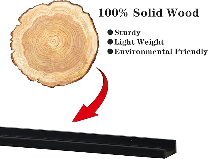 Long Floating Shelves for Wall 47 Inch,Real Wood Picture Ledge Shelf with Lip Set of 4,Photo Frame Storage Display for Living Room Nursery Bedroom Bathroom Kitchen Home Office Decor (Black)