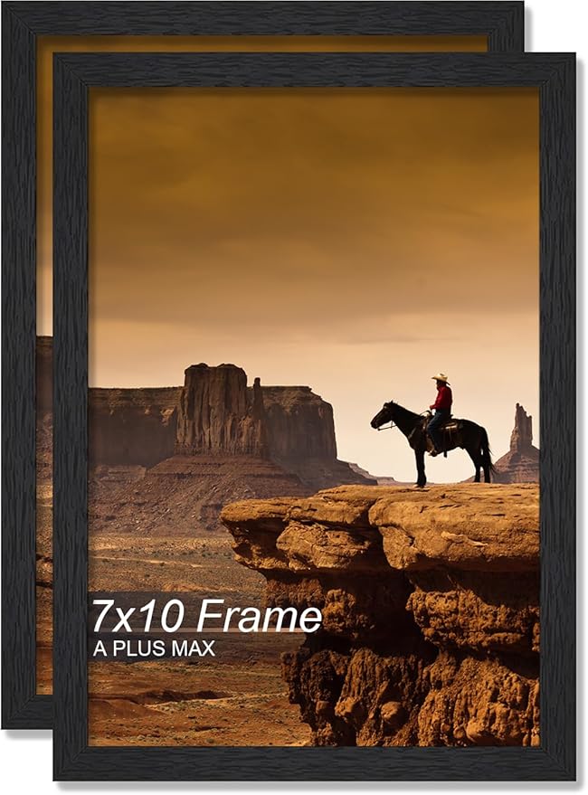 A PLUS MAX 7x10 Picture Frame Set of 2, Black Engineered Wood Frame for 7 x 10 Inch Picture Poster Photo, Light Weight 7 by 10 Frame with Wood-grain for Wall - 2 Pack/Black/7