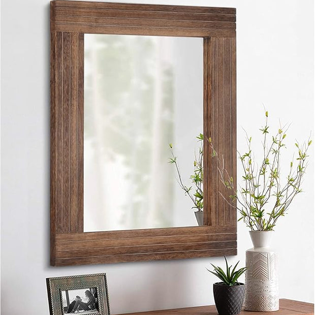 Wood Mirror Rectangular Framed Rustic Vintage Mirrors Decor Farmhouse Bedroom Bathroom Mirror for Dressing Table Entrance Small 16"x12" Brown