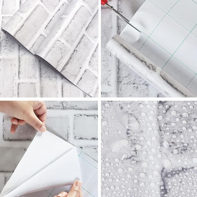 Hopeak White Brick Wallpaper, Self-Adhesive Peel and Stick Wallpaper Waterproof and Removable Good for Home Decoration and Furniture Renovation (17.5 x 787.4 Inch)