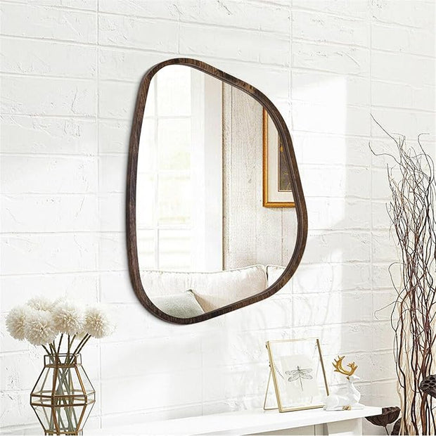 Asymmetrical Mirror Irregular Oval Wall Mirror Modern Wood Frame Unique Shape Wall Mounted Vanity Artistic Mirror Decorative for Living Room Bedroom Bathroom Entryway Hallway 20"x16"