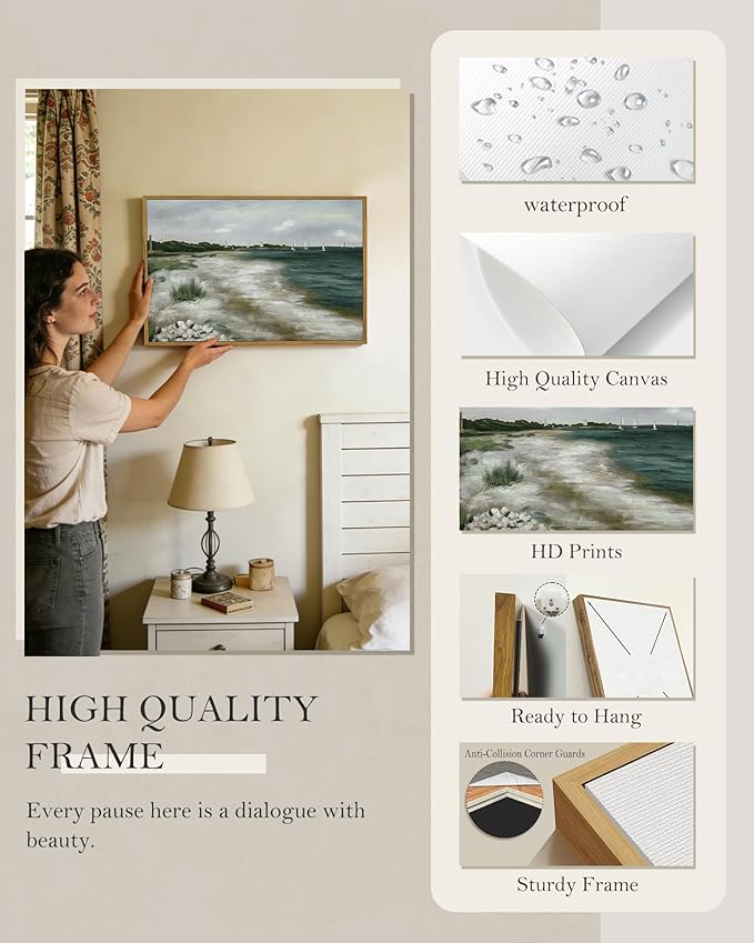 SHENIFY 16x24in Large Vintage Landscape Seascape Framed Canvas Wall Art Seaside Coastal Scenery Classic Hallway Bathroom Office Decor - Natural Framed