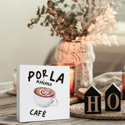 Coffee Bar Decor, Spanish Cafe Wooden Box Sign, Cafe Wood Block Box for Coffee Bar Home Kitchen Desk Shelf Tabletop Decor, 5x5 Inch