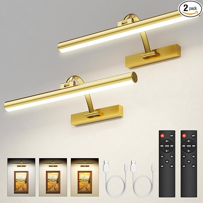 Picture Lights for Wall, 16.5" Rechargeable Art Light with Remote & Timer, 5200mAh Battery Operated Poster Lights, 3 Color Modes & 3 Brightness Levels for Pictures, Gallery, Photos (2 Pack)