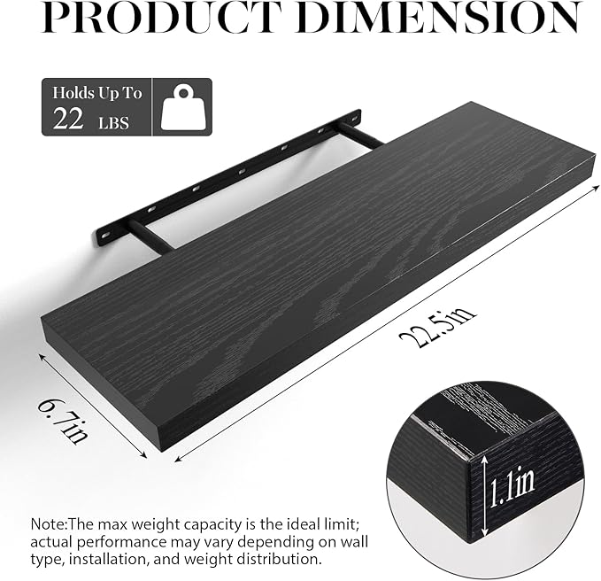 BAYKA Floating Shelves for Wall, 22.5 inches Black Wall Shelves for Bathroom, Bedroom, Living Room, Kitchen & Book, Hanging Display Decor Organizer Shelf with 22 lbs Capacity