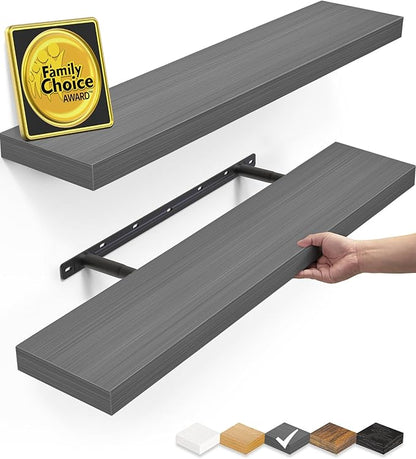 BAYKA Floating Shelves Grey, 22.5 inches Rustic Wood Wall Mounted Shelves for Bathroom, Bedroom, Living Room, Kitchen, Hanging Shelf for Books/Storage/Decor (Gray,Set of 2)