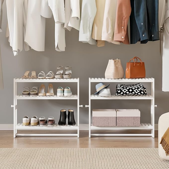 RRX Bathroom Shelf Storage Organizer, Bathroom Shelf 3-Tier Adjustable Layer Bamboo Organizer with Bar,Hanging, Freestanding Over Toilet Utility Shelves,White
