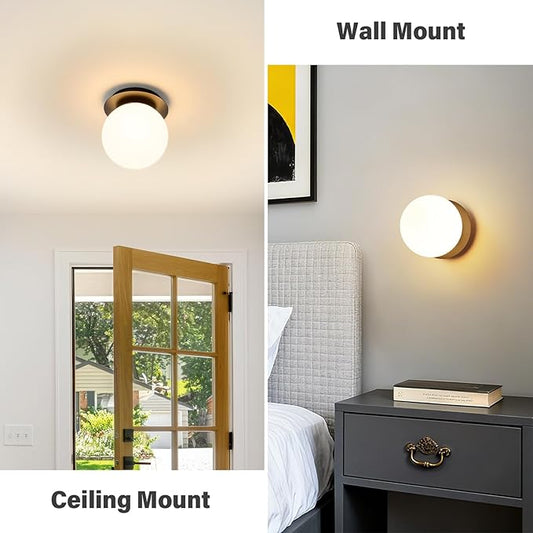Modern Globe Black Wall Sconce: 6" Black Mid Century Modern Indoor Wall Mounted Lamps - Small Minimalist White Glass Bathroom Sconces - Ball Vanity Light for Bedroom Living Room Hallway Entryway Stair