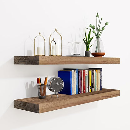 24 Inch Floating Shelves, Bathroom Wooden Shelves for Wall Mounted, Rustic Farmhouse Floating Shelves, Solid Wood Wall Shelves for Storage, Set of 2, Carbonized Black