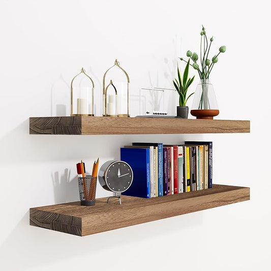24 Inch Floating Shelves, Bathroom Wooden Shelves for Wall Mounted, Rustic Farmhouse Floating Shelves, Solid Wood Wall Shelves for Storage, Set of 2, Carbonized Black