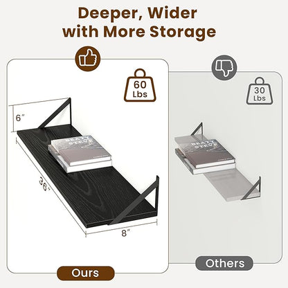 Deep Floating Shelves for Wall,36Wx8D Wall Mounted Shelves Set of 2,Wall Storage Floating Shelf with Sturdy Metal Brackets for Living Room,Bathroom,Kitchen,Office,Black