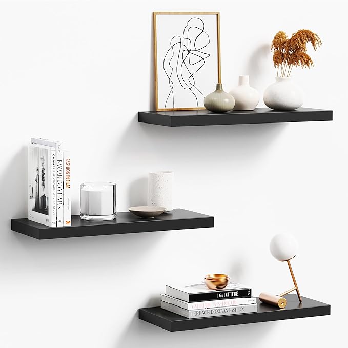 Floating Shelves Set of 3, Black Wood Wall Mounted Shelf 16