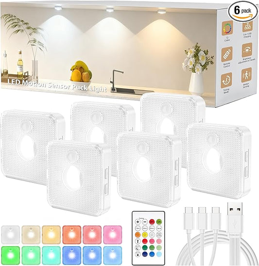 GBEAST 6 Pack Under Cabinet Lighting, Puck Lights with Remote,Motion Sensor Light Indoor,3 Color Temps & 9 RGB Colors Dimmable Closet Light,Rechargeable Under Counter Lights for Kitchen,Bedroom,Shelf