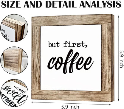 But First Coffee Decor Set - Wooden Box Signs for Home, Kitchen & Dining Room - Rustic Tabletop Decor for Coffee Lovers