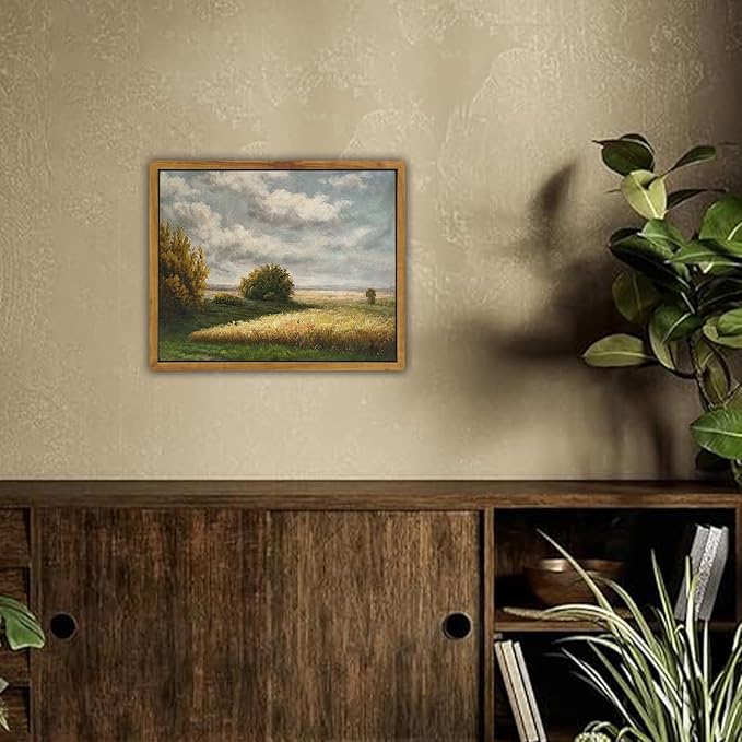 SHENIFY Vintage Landscape Framed Canvas Wall Art Grassland Classic Wall Prints Farmhouse Kitchen Office Decor - 8x10in Natural Framed