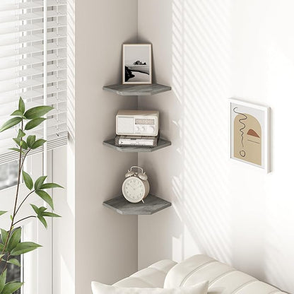 Fun Memories Corner Shelf Wall Mount, Floating Corner Shelves, Set of 3 Corner Wall Shelf Organizer, Rustic Wood Wall Storage Display Shelves for Living Room Bedroom Bathroom Kitchen, Rustic Grey