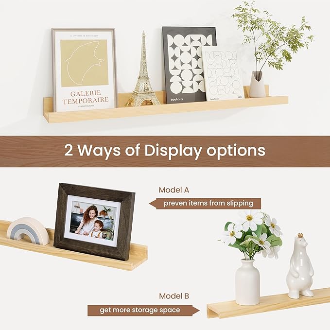 Picture Ledge Shelf, Solid Pine Wood Floating Shelves Set of 2, 24 Inches Nursery Book Shelves for Toys Storage, Kids Bookshelf Wall Mounted for Living Room Decor Photo Frames, Unfinished Natural