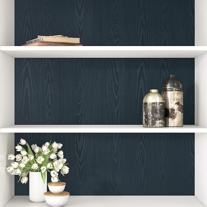 Wallercity Navy Blue Wood Grain Countertop Contact Paper Waterproof 15.8"x236" Kitchen Wallpaper Wood Contact Paper Peel and Stick Counter Top Wrap Faux Wooden Wallpaper for Bedroom Cabinet Vinyl